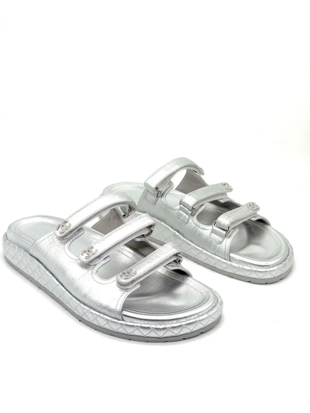 CHANEL 25C Laminated Leather Crystal CC Platform Flat Mules Slide Dad Sandals